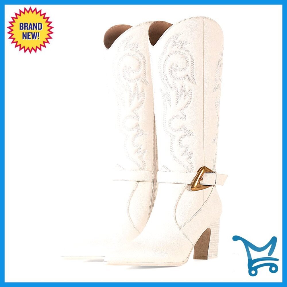 Knee High Western Cowboy Boots with Gold Buckle, Chunky Heel, Faux Leather